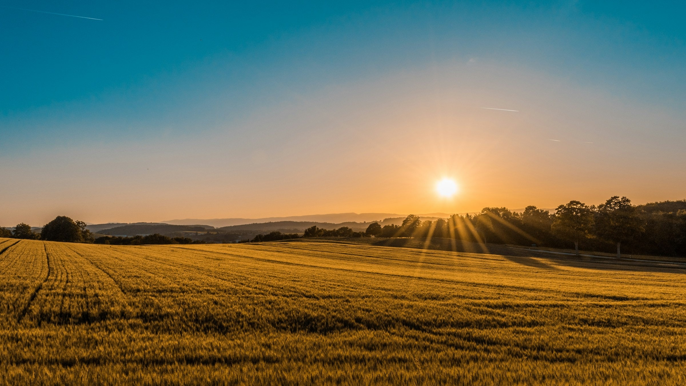 Rolling agricultural fields opening towards a distant horizon at sunrise